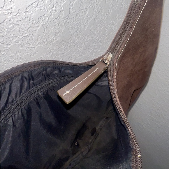 Chocolate Suede Handbag with Brown Faux Leather Handle Strap Purse Old Navy - Picture 8 of 10